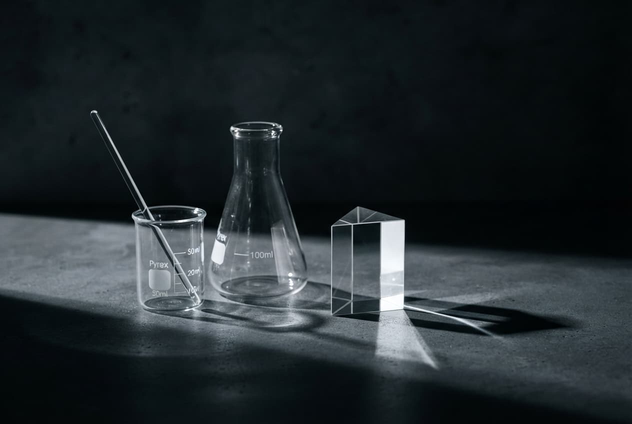 Laborglas und ein Prisma auf dunkler Fläche, mit einer einzelnen Lichtbrechung